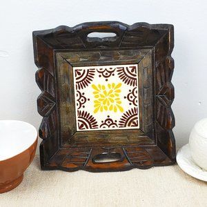 Vintage Framed Mexican ORION Tile Green Tinted Wooden Frame Yellow Brown Boho